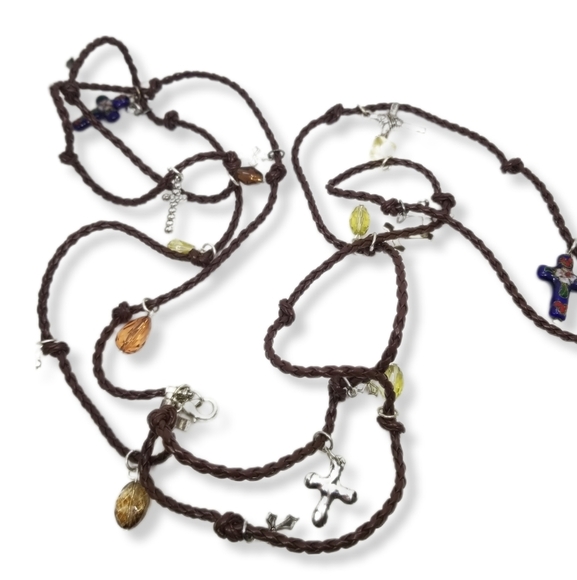 VERY LONG BROWN BRAIDED LEATHER & SILVERPLATED CROSS CHARMS NECKLACE - Picture 3 of 10